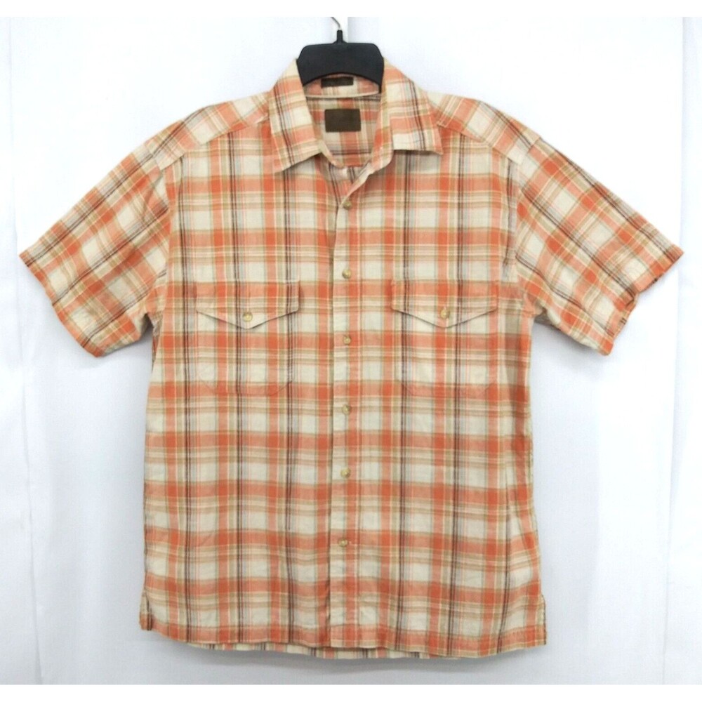 St Johns Bay Shirt Mens Size M Orange Plaid Short Sleeve Casual Button Up